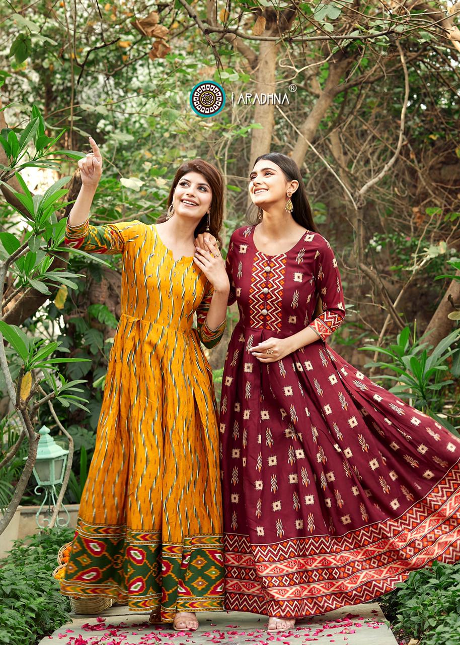 Aradhna Ikat 2 Heavy Rayon Designer Printed  Anarkali Long Kurti Collection